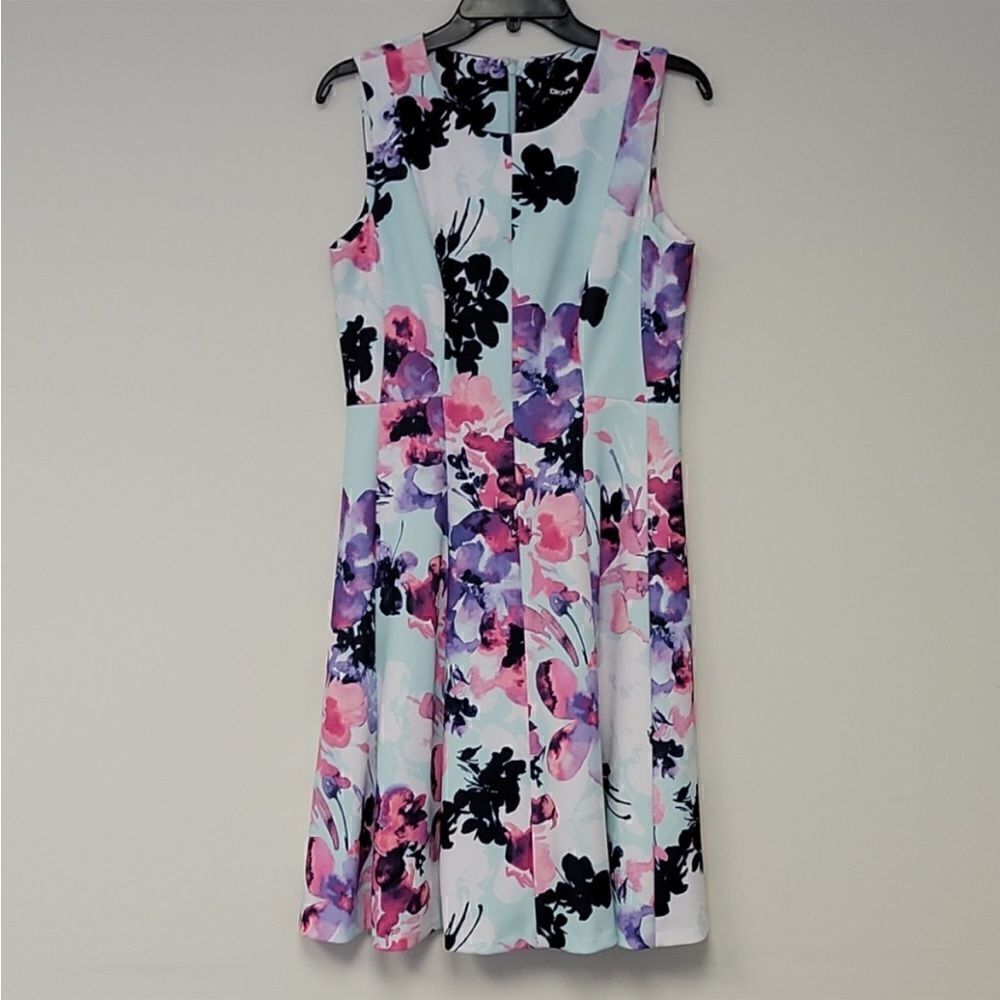 DKNY Light Blue Sleeveless fit and Flare Floral Dress Size 12 - Picture 2 of 6